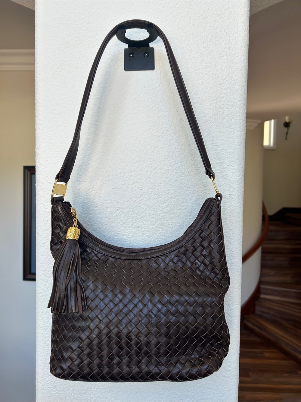 Zenith Woven Hobo Bag in Dark Brown with Tassel